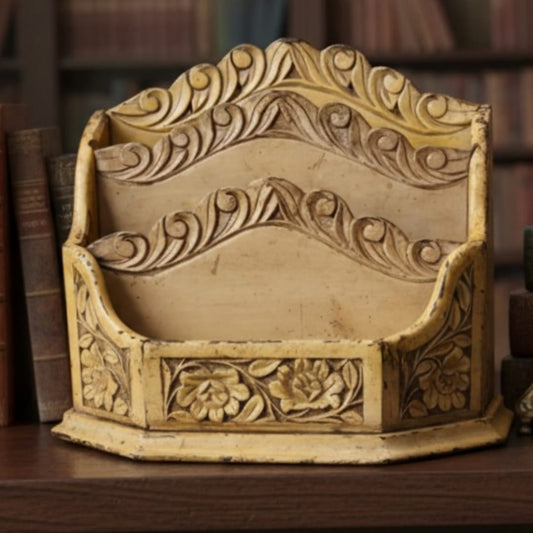 1977 Vintage Wooden Letter Holder | Engraved Teakwood Desk Organizer