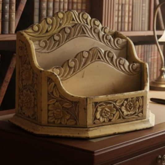 1977 Vintage Wooden Letter Holder | Engraved Teakwood Desk Organizer