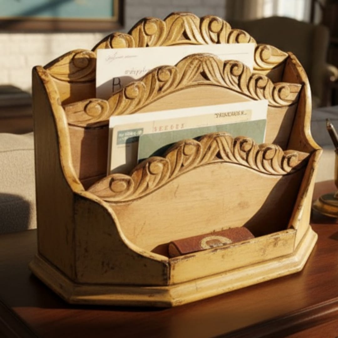 1977 Vintage Wooden Letter Holder | Engraved Teakwood Desk Organizer - Bombay Antiques