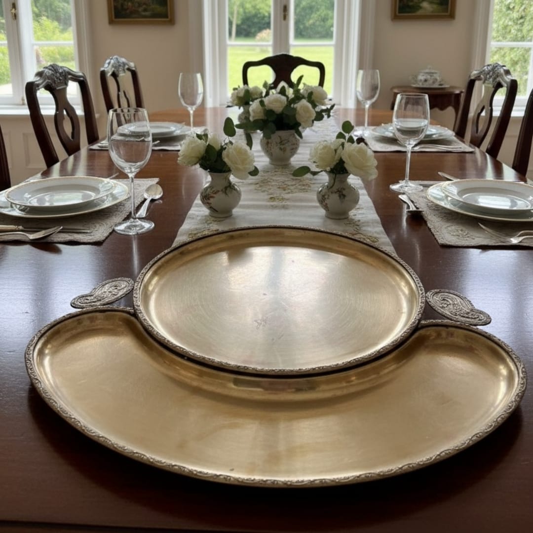 1978 Antique Brass Royal Plate | Large Heritage Brass Display Plate - Bombay Antiques