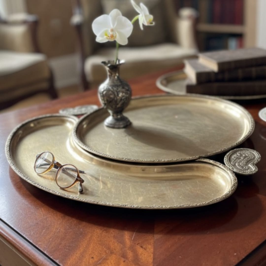 1978 Antique Brass Royal Plate | Large Heritage Brass Display Plate - Bombay Antiques