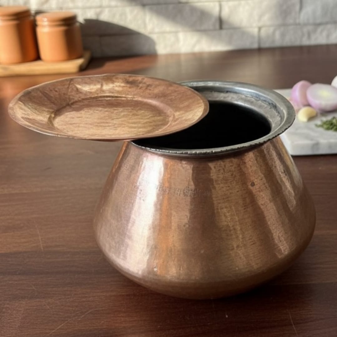 1986 Antique Brass Small Cooking Bowl with Lid | Compact Brass Kitchen Bowl