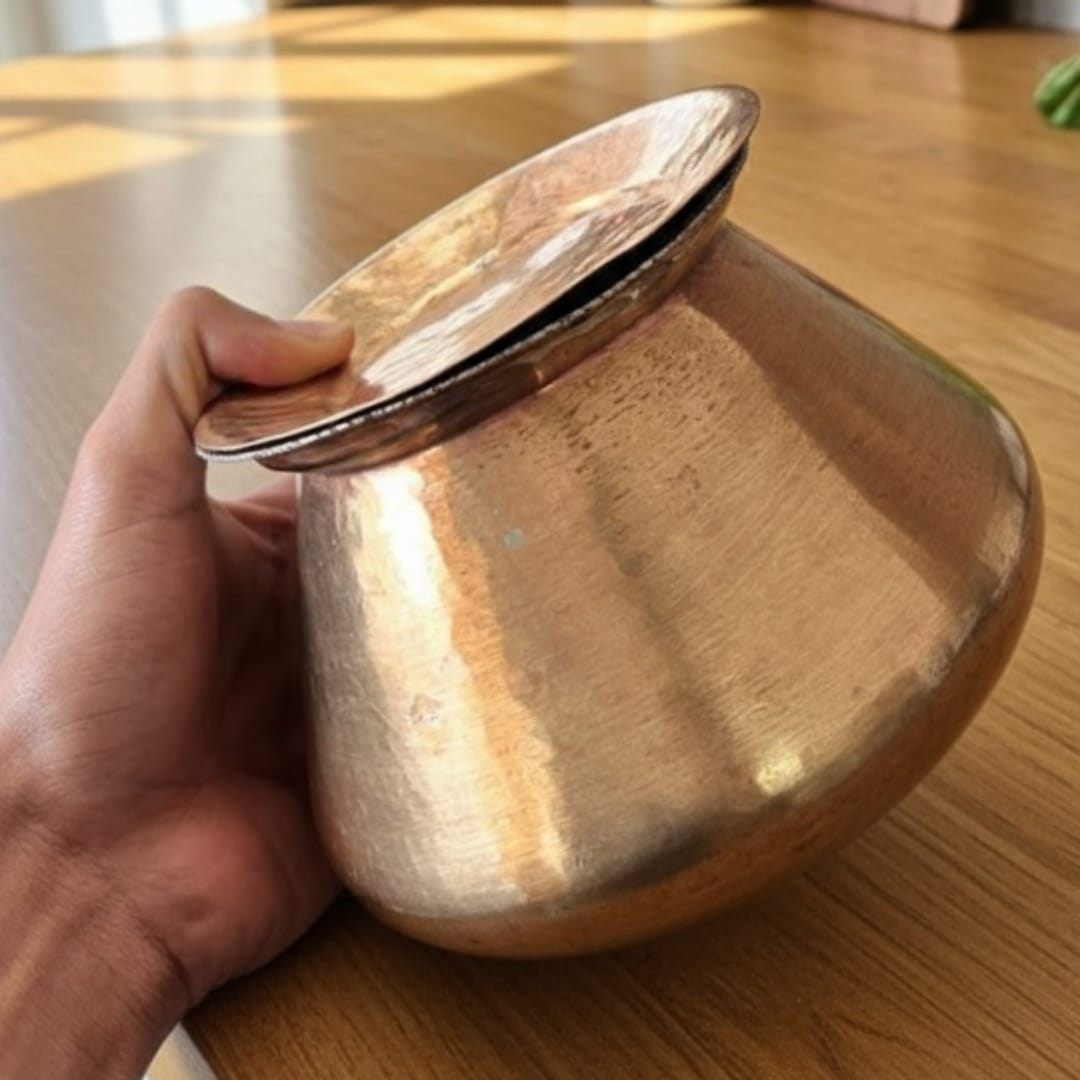 1986 Antique Brass Small Cooking Bowl with Lid | Compact Brass Kitchen Bowl