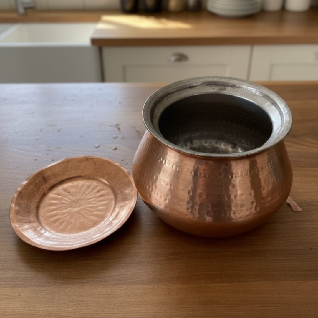 1986 Antique Brass Small Cooking Bowl with Lid | Compact Brass Kitchen Bowl