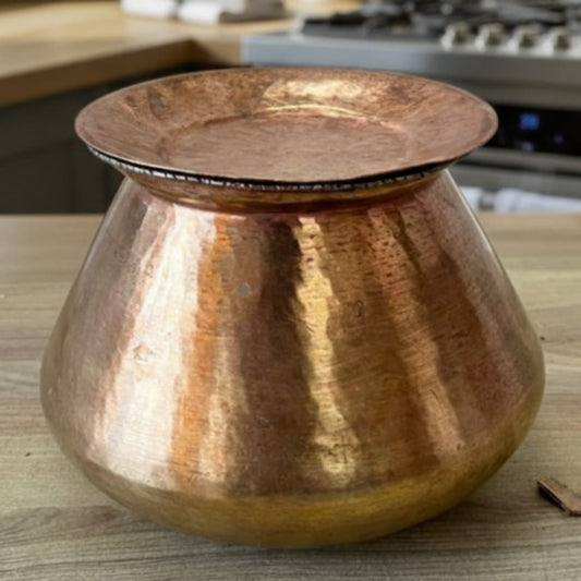 1986 Antique Brass Small Cooking Bowl with Lid | Compact Brass Kitchen Bowl