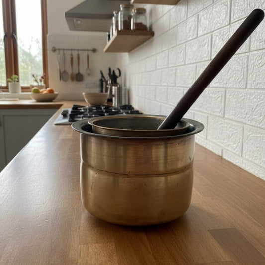1983 Antique Brass Long Shape Cooking Bowl in Pair with Rosewood Ladle | Solid Brass Cooking Set