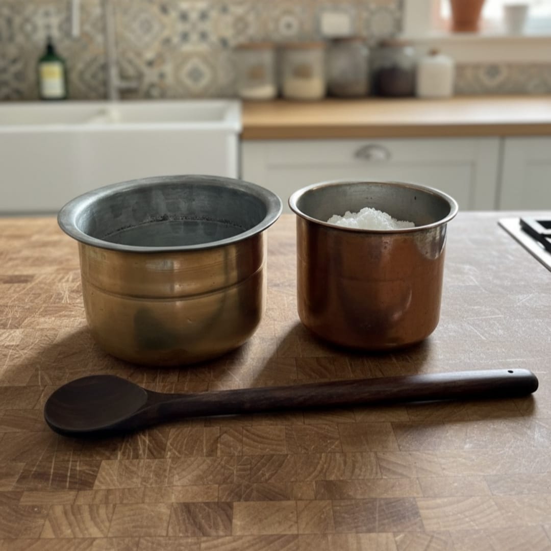 1983 Antique Brass Long Shape Cooking Bowl in Pair with Rosewood Ladle | Solid Brass Cooking Set