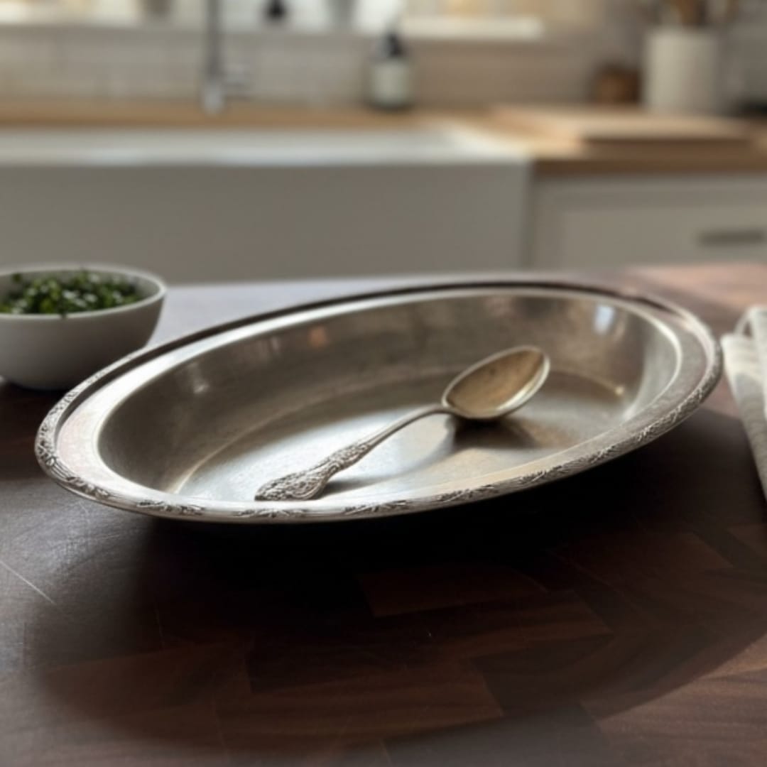 1983 Antique Brass Tray with Ornate Borders and Spoon | Solid Brass Serving Set