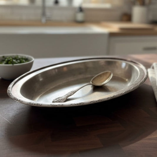 1983 Antique Brass Tray with Ornate Borders and Spoon | Solid Brass Serving Set
