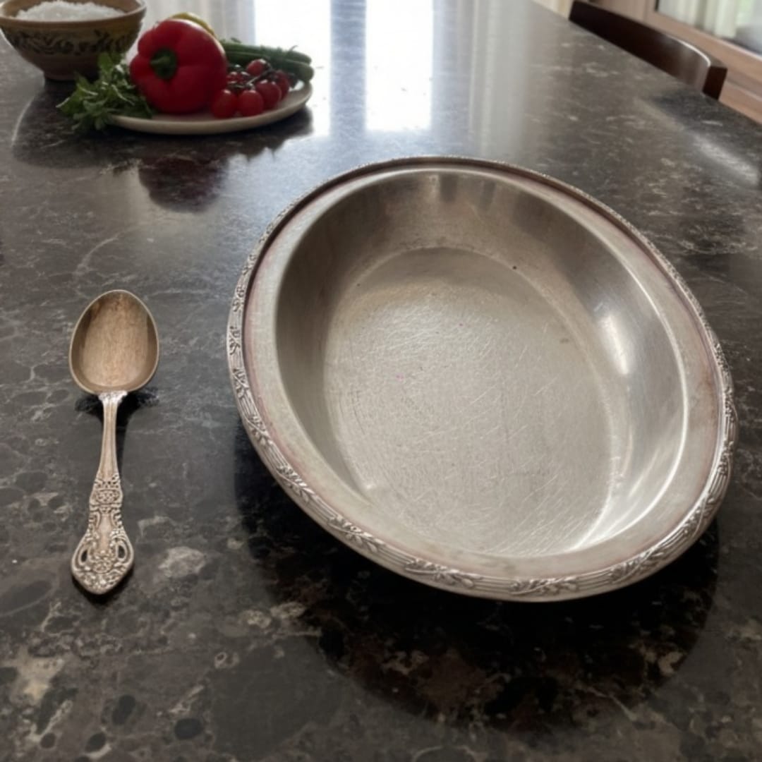 1983 Antique Brass Tray with Ornate Borders and Spoon | Solid Brass Serving Set