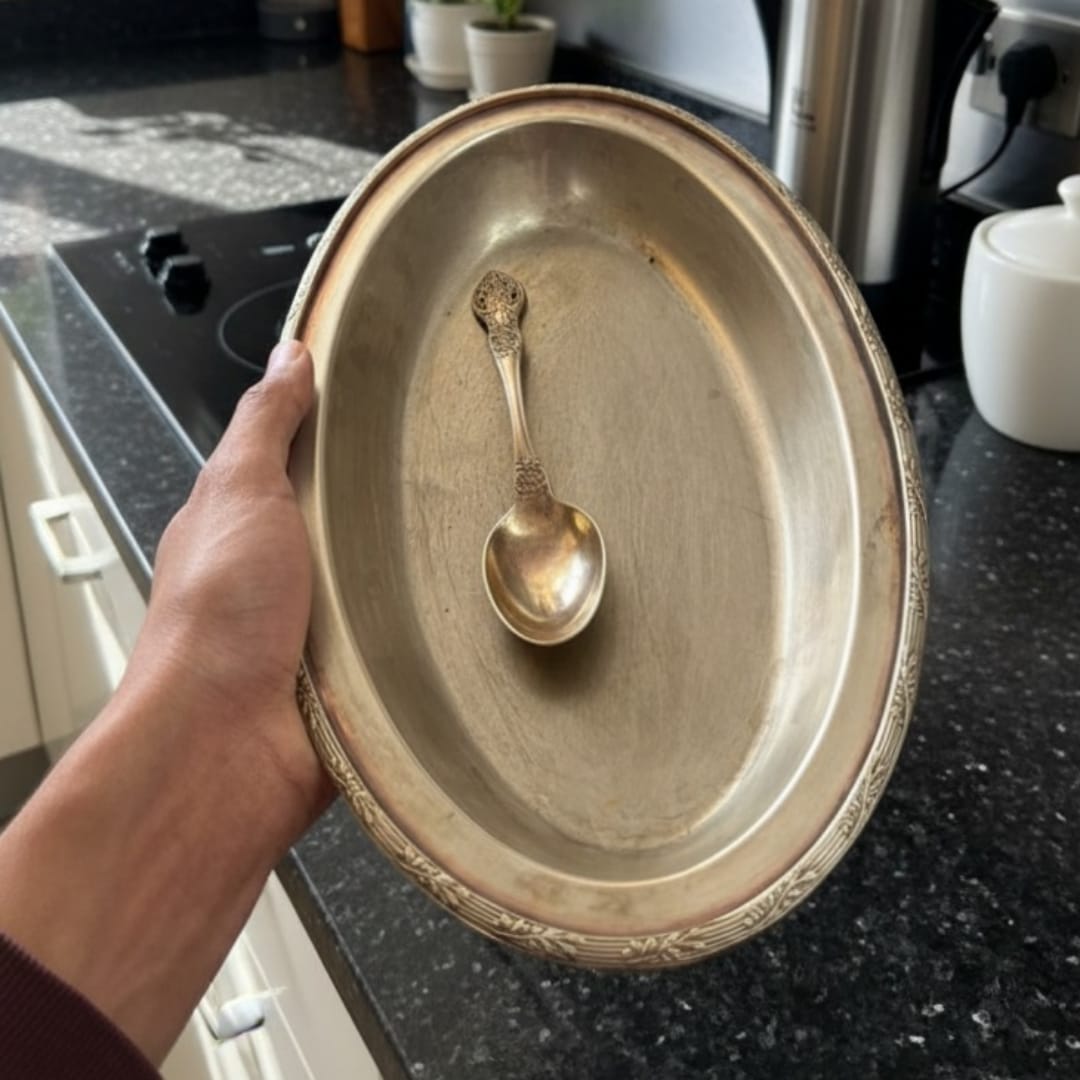 1983 Antique Brass Tray with Ornate Borders and Spoon | Solid Brass Serving Set