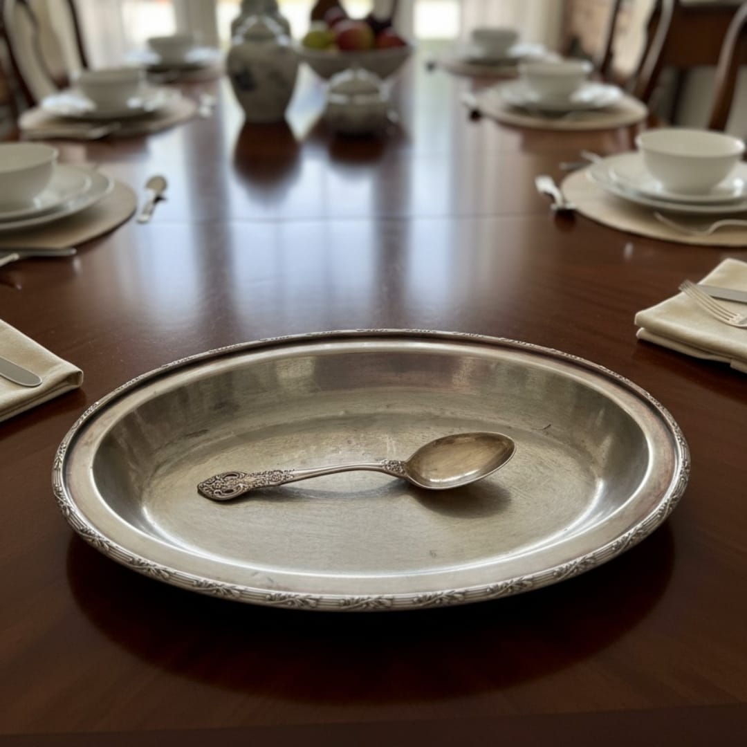 1983 Antique Brass Tray with Ornate Borders and Spoon | Solid Brass Serving Set