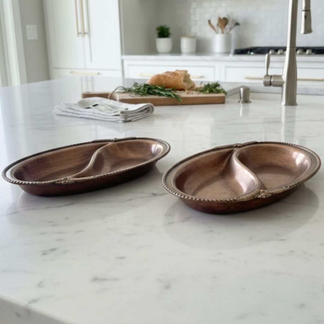 1982 Antique Brass Sauce Pans with Ornate Borders | Solid Brass Serving Pair