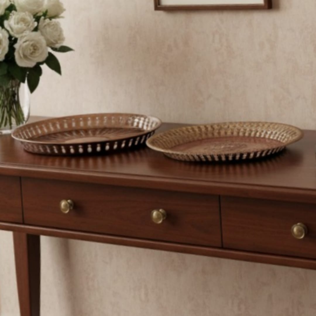 1980 Antique Brass Engraved Plate Pair | Ornate Brass Decorative Plates