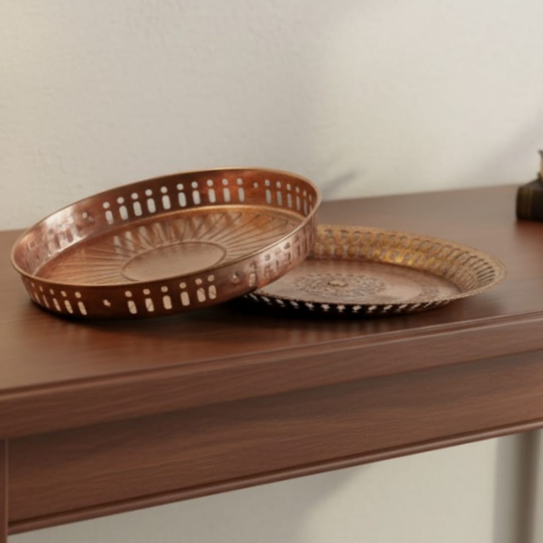 1980 Antique Brass Engraved Plate Pair | Ornate Brass Decorative Plates