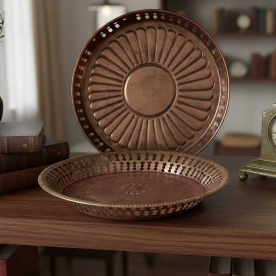 1980 Antique Brass Engraved Plate Pair | Ornate Brass Decorative Plates