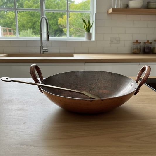 1987 Antique Brass Chinese Style Kadai with Ladle | Solid Brass Cooking Vessel