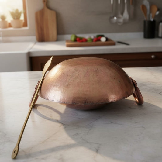 1987 Antique Brass Chinese Style Kadai with Ladle | Solid Brass Cooking Vessel