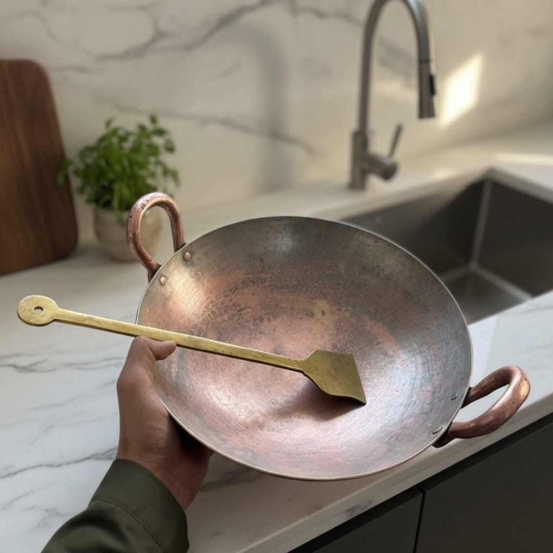 1987 Antique Brass Chinese Style Kadai with Ladle | Solid Brass Cooking Vessel