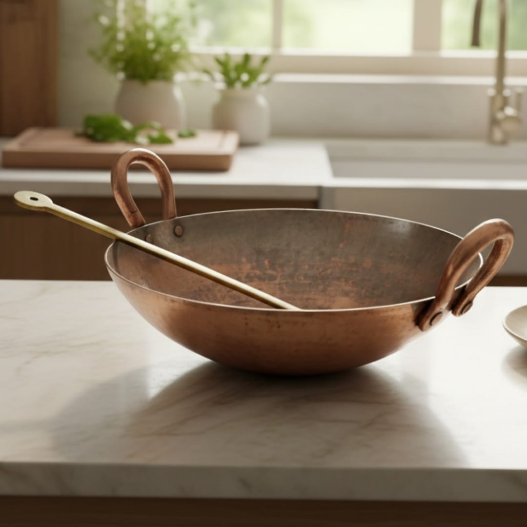 1987 Antique Brass Chinese Style Kadai with Ladle | Solid Brass Cooking Vessel