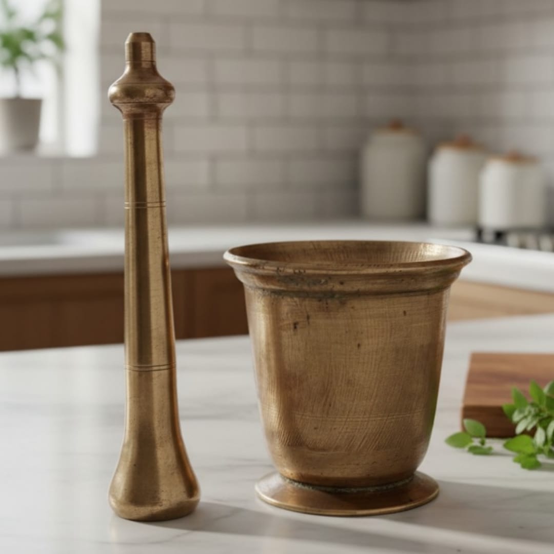 1985 Antique Brass Big Khalbatta | Solid Brass Mortar and Pestle