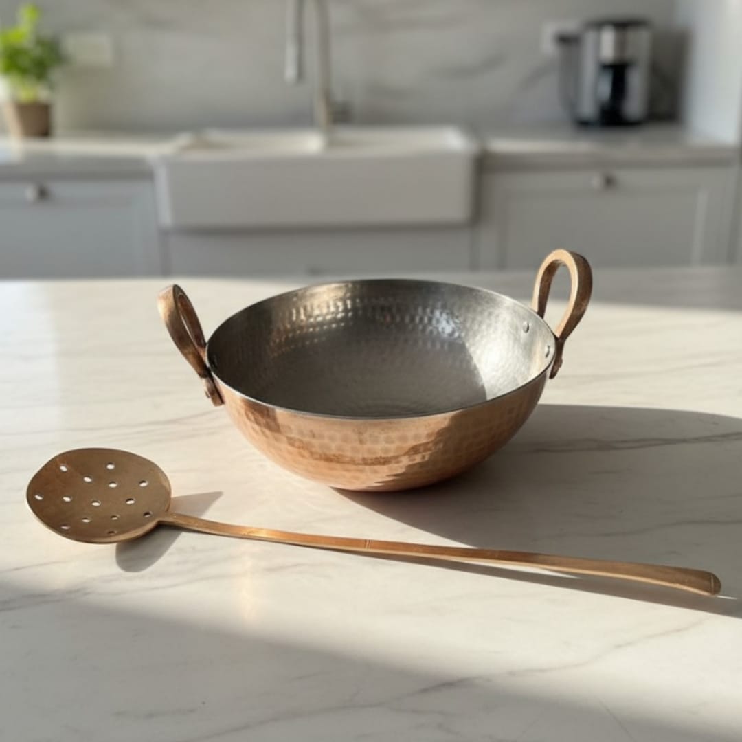 1984 Antique Brass 3L Kadai with Ladle | Solid Brass Cooking Vessel