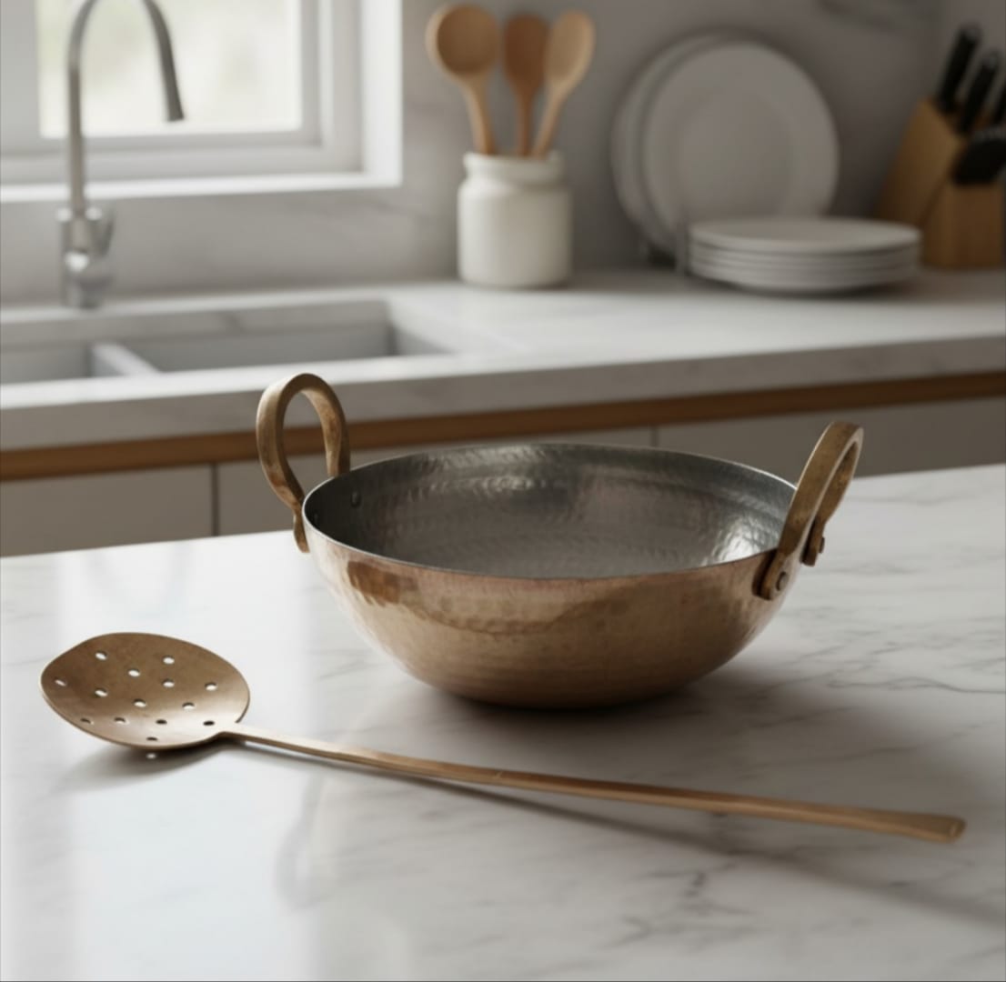 1984 Antique Brass 3L Kadai with Ladle | Solid Brass Cooking Vessel