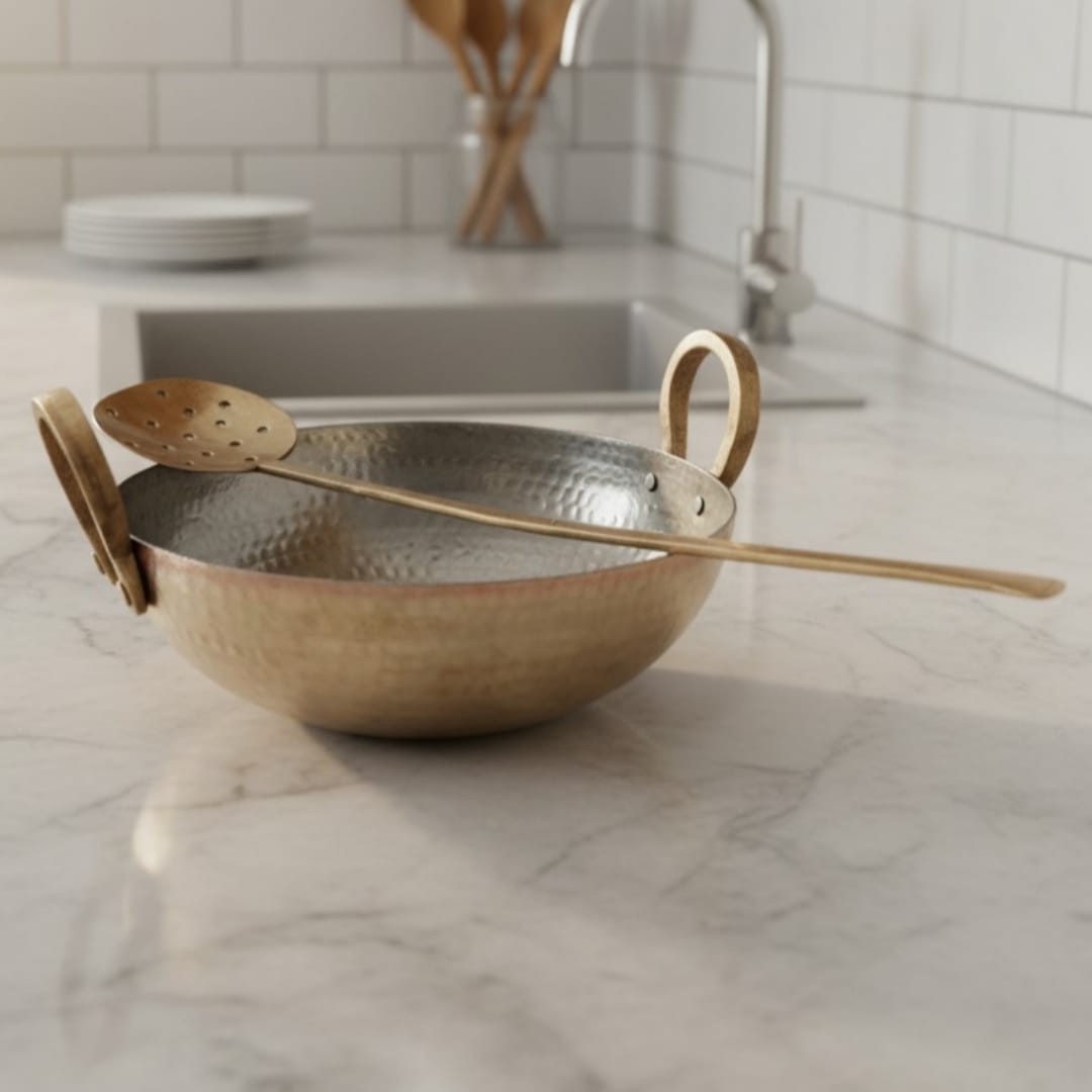 1984 Antique Brass 3L Kadai with Ladle | Solid Brass Cooking Vessel