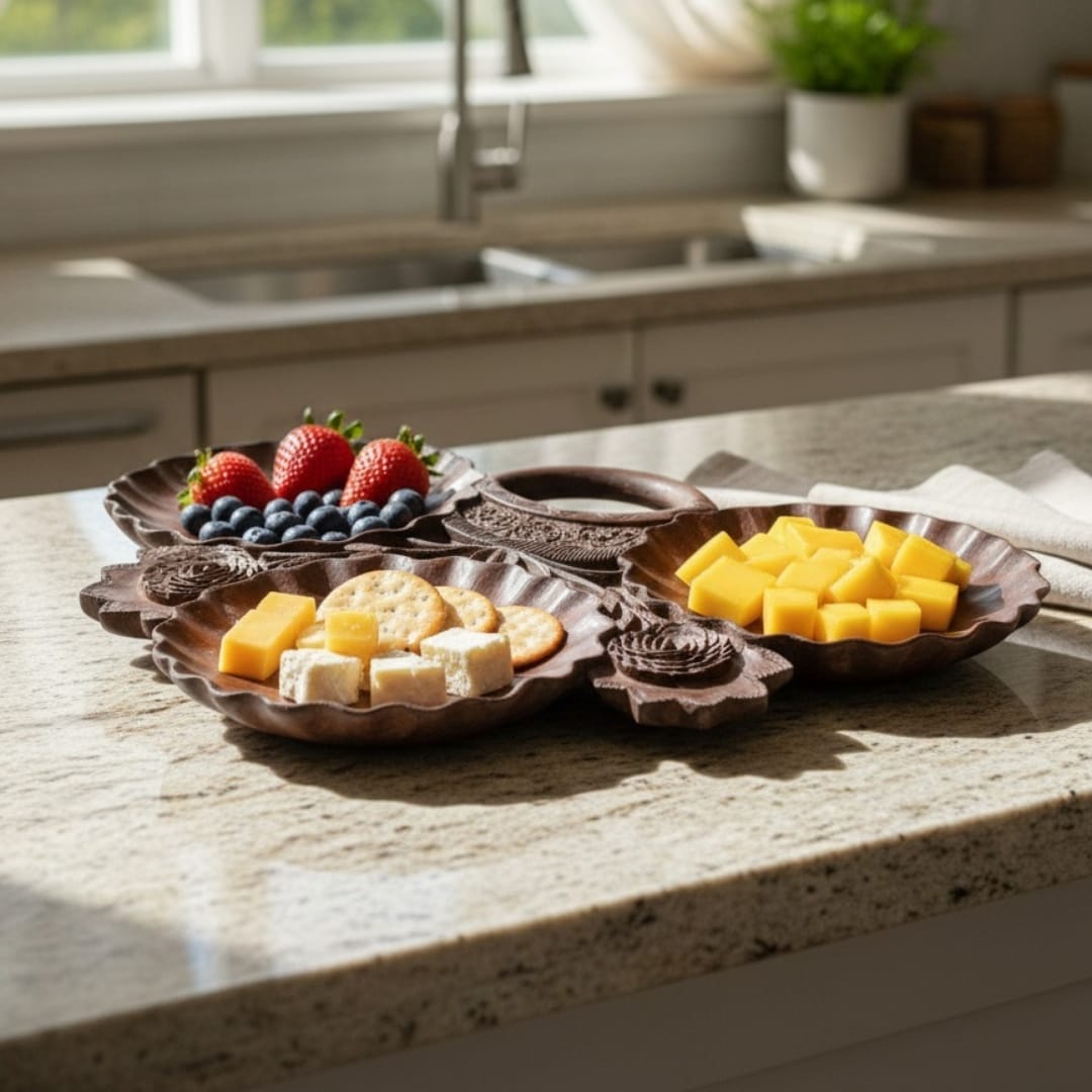 1976 Antique Rosewood Engraved Tray | Solid Wood Decorative Serving Tray