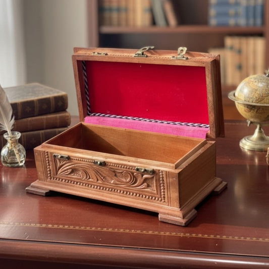 1984 Antique English Wood Chinese Design Box | Decorative Storage Box