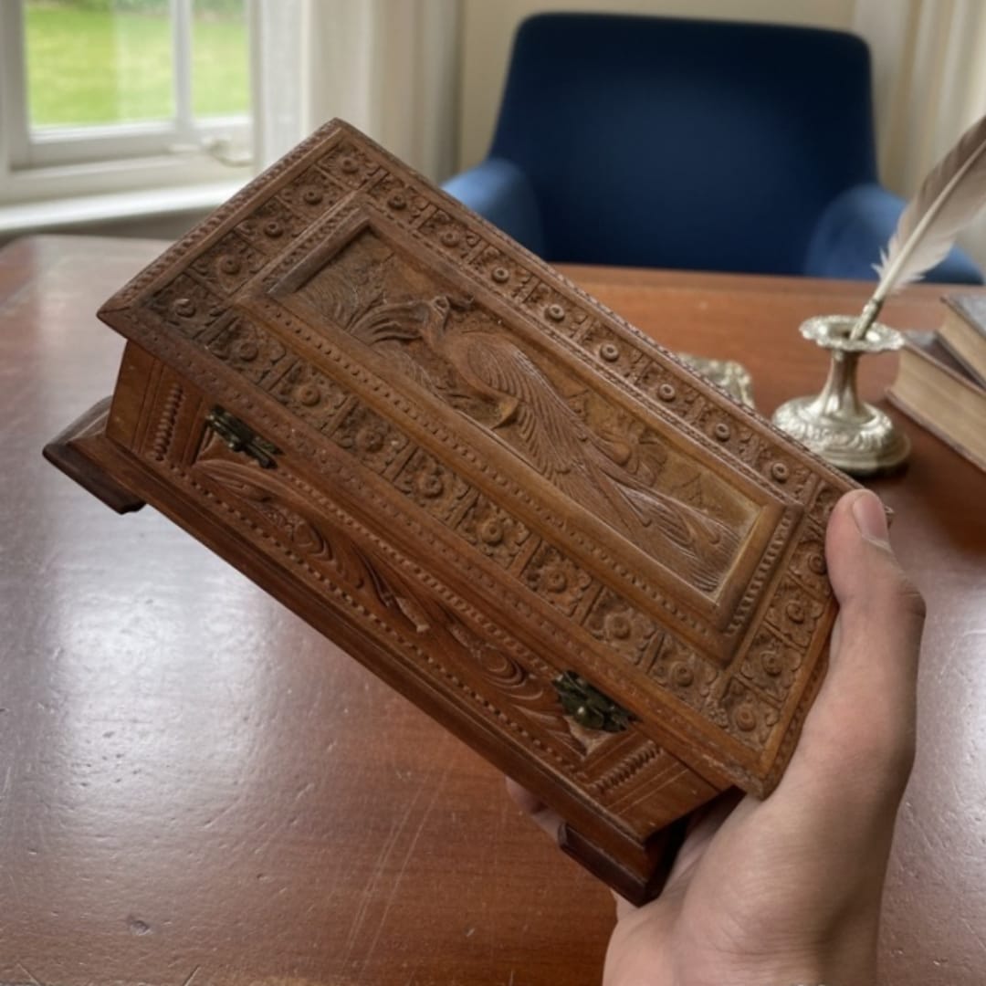 1984 Antique English Wood Chinese Design Box | Decorative Storage Box