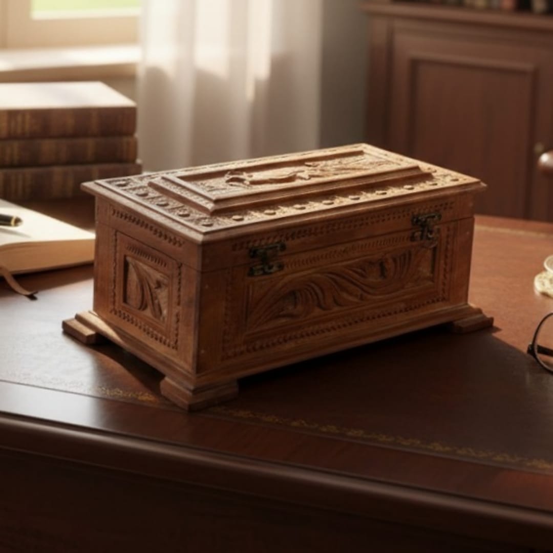 1984 Antique English Wood Chinese Design Box | Decorative Storage Box