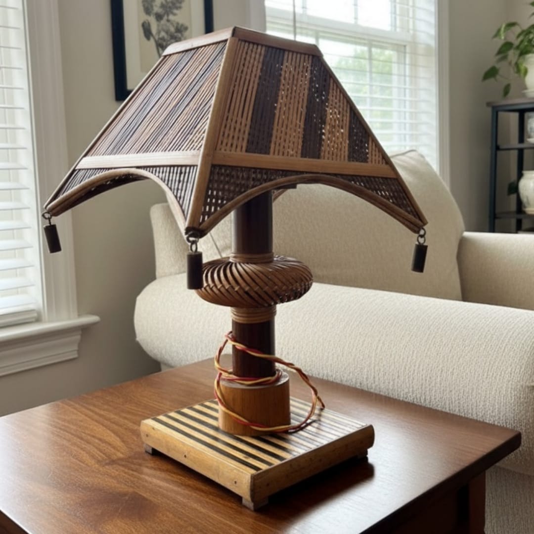 1982 Antique Teakwood Lamp | Solid Wood Table & Accent Lamp