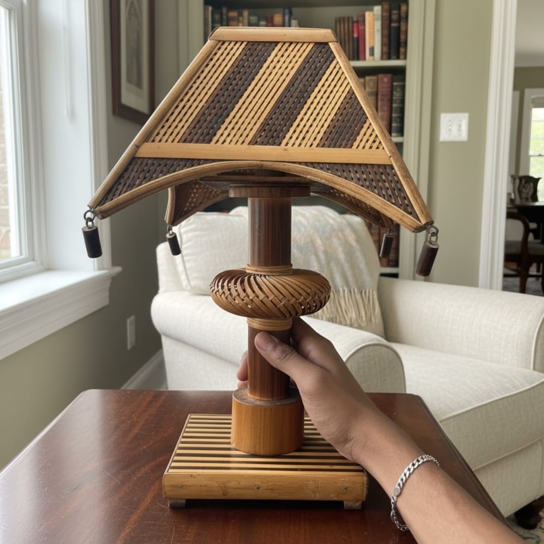 1982 Antique Teakwood Lamp | Solid Wood Table & Accent Lamp