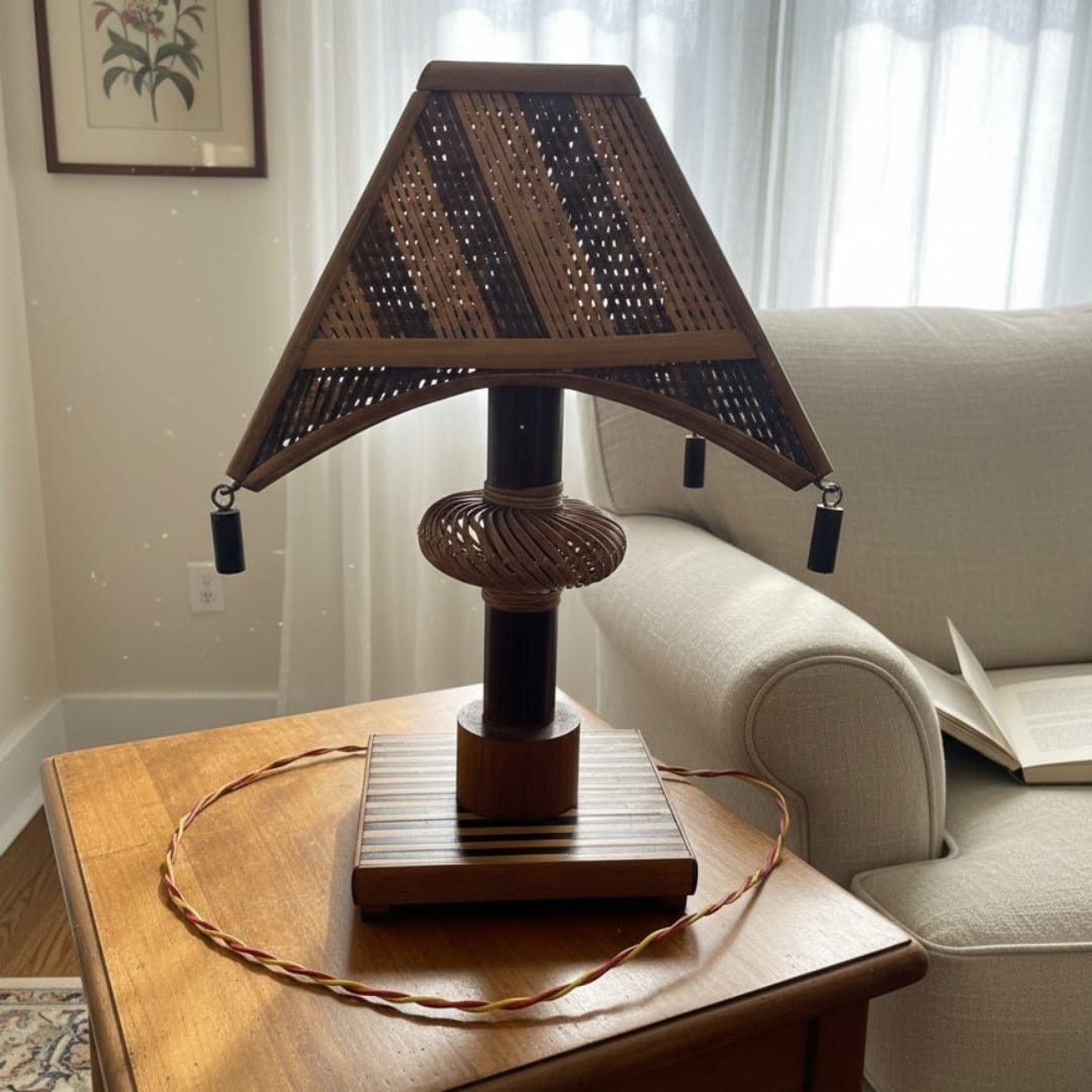 1982 Antique Teakwood Lamp | Solid Wood Table & Accent Lamp