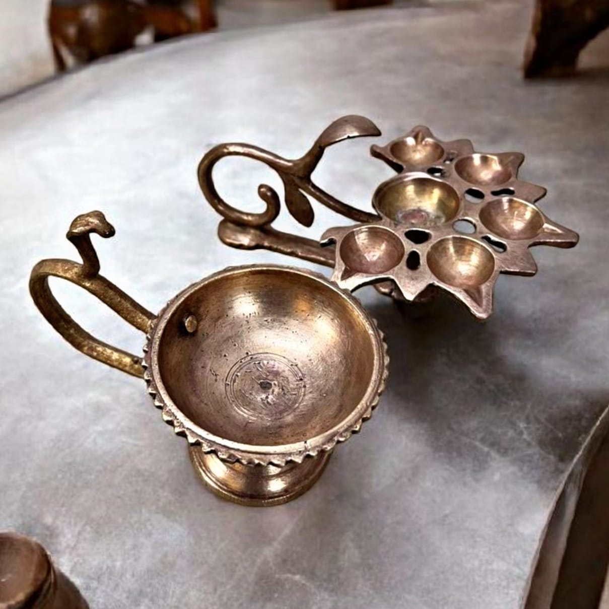 1976 Antique Brass Diya Pair | Compact Ambient Lighting & Decor Accents