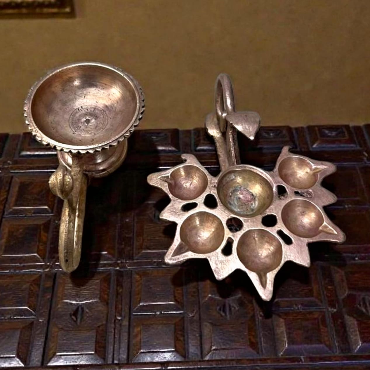 1976 Antique Brass Diya Pair | Compact Ambient Lighting & Decor Accents