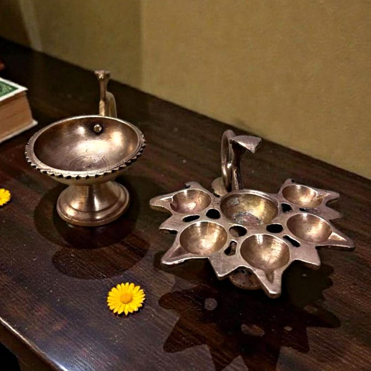 1976 Antique Brass Diya Pair | Compact Ambient Lighting & Decor Accents