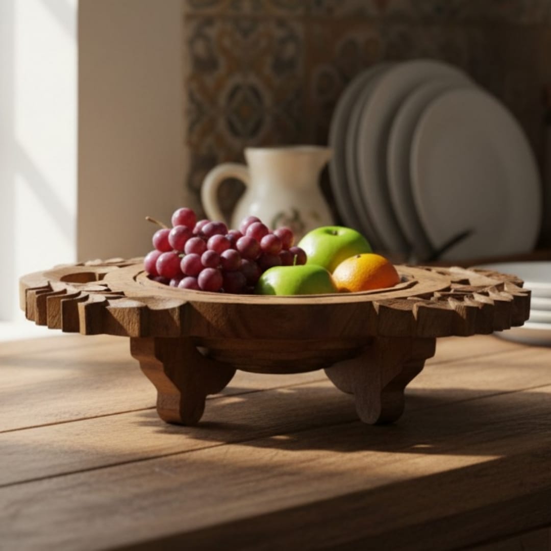 1972 Antique Wooden Fruit Bowl | Large Tabletop Serving & Display Bowl