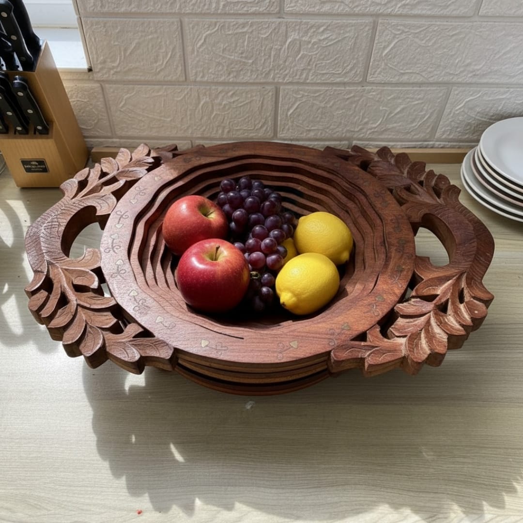 1972 Antique Wooden Fruit Bowl | Large Tabletop Serving & Display Bowl