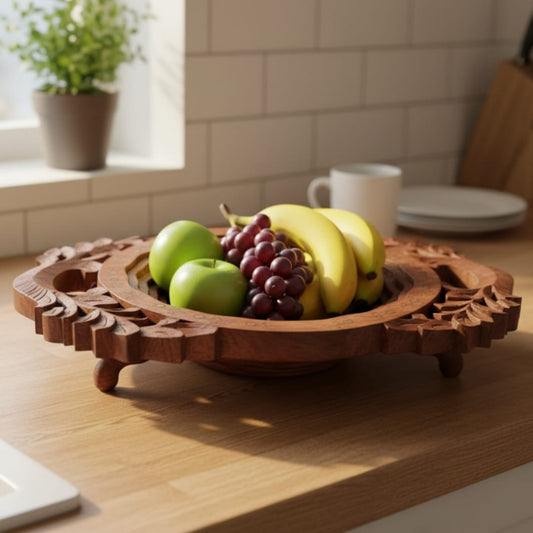 1972 Antique Wooden Fruit Bowl | Large Tabletop Serving & Display Bowl