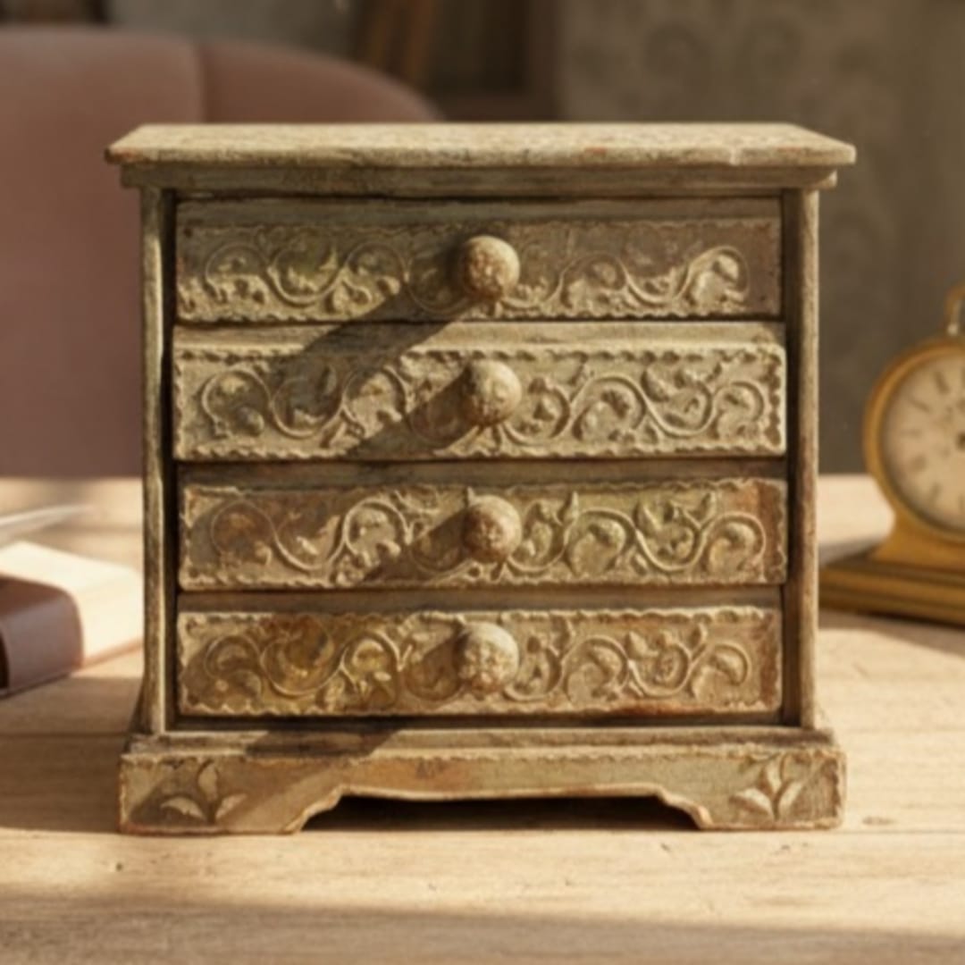 1975 Antique Teakwood Engraved Drawer | Compact Storage & Display Accent