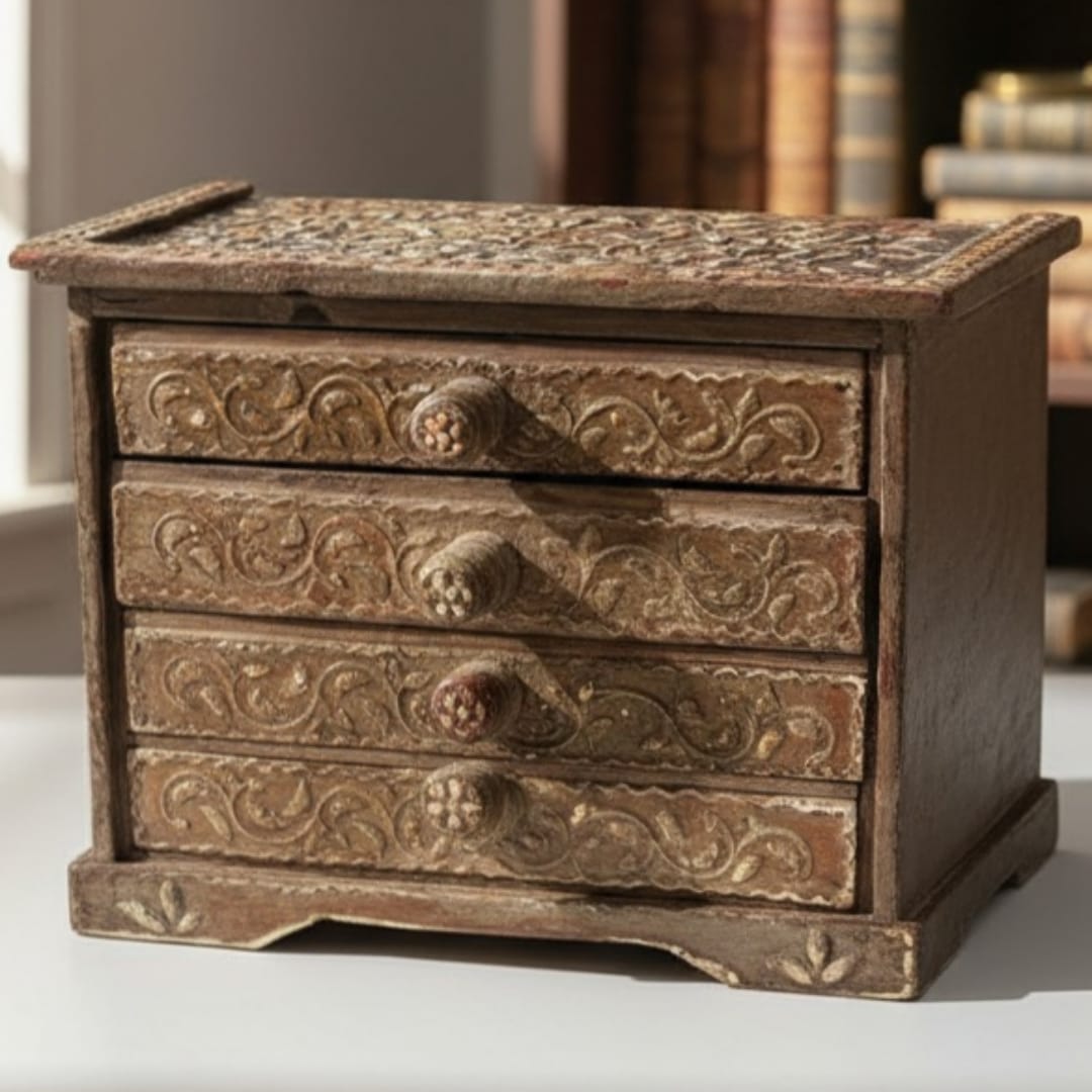 1975 Antique Teakwood Engraved Drawer | Compact Storage & Display Accent