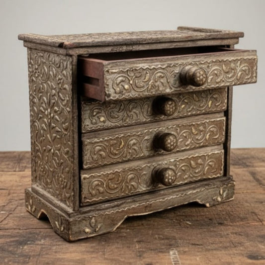 1975 Antique Teakwood Engraved Drawer | Compact Storage & Display Accent