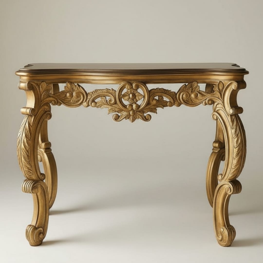 1983 Antique Teakwood Engraved Console Table | Carved Wooden Display Furniture - Bombay Antiques