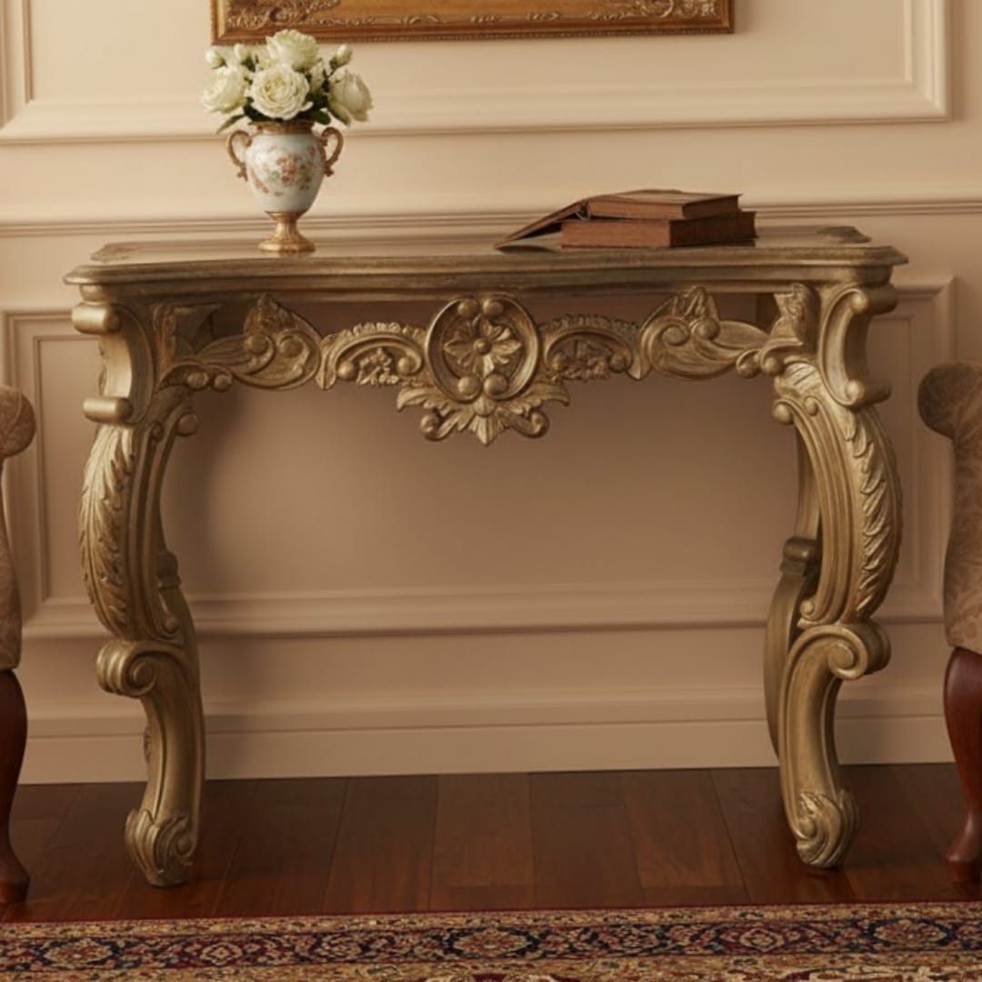 1983 Antique Teakwood Engraved Console Table | Carved Wooden Display Furniture - Bombay Antiques