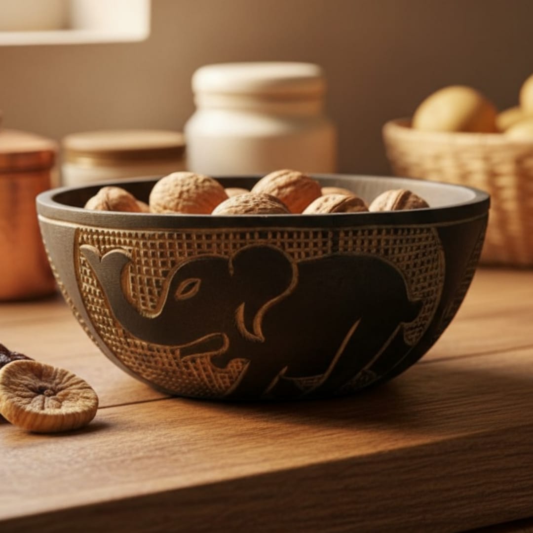 1977 Antique Chinese Burmateak Engraved Animal Design Bowl | Carved Tabletop Accent - Bombay Antiques