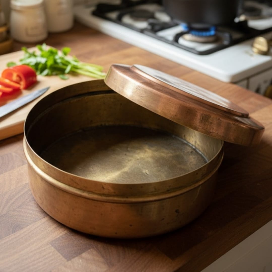 1981 Antique Brass Chapati Box | Large Food Storage & Tabletop Brassware