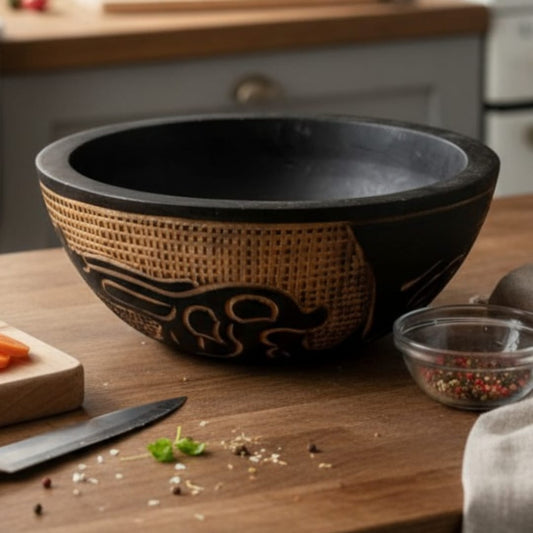 1977 Antique Chinese Burmateak Engraved Animal Design Bowl | Carved Tabletop Accent