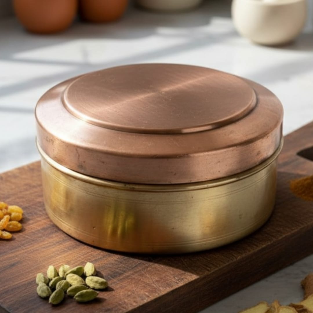 1981 Antique Brass Chapati Box | Large Food Storage & Tabletop Brassware